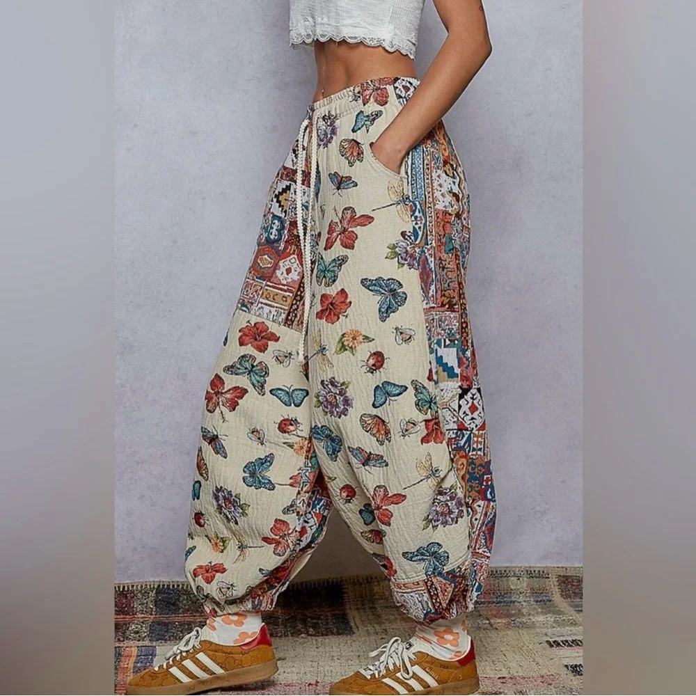 290 - POL Multicolor Butterfly and Floral Patchwork Joggers - Picture 5 of 6